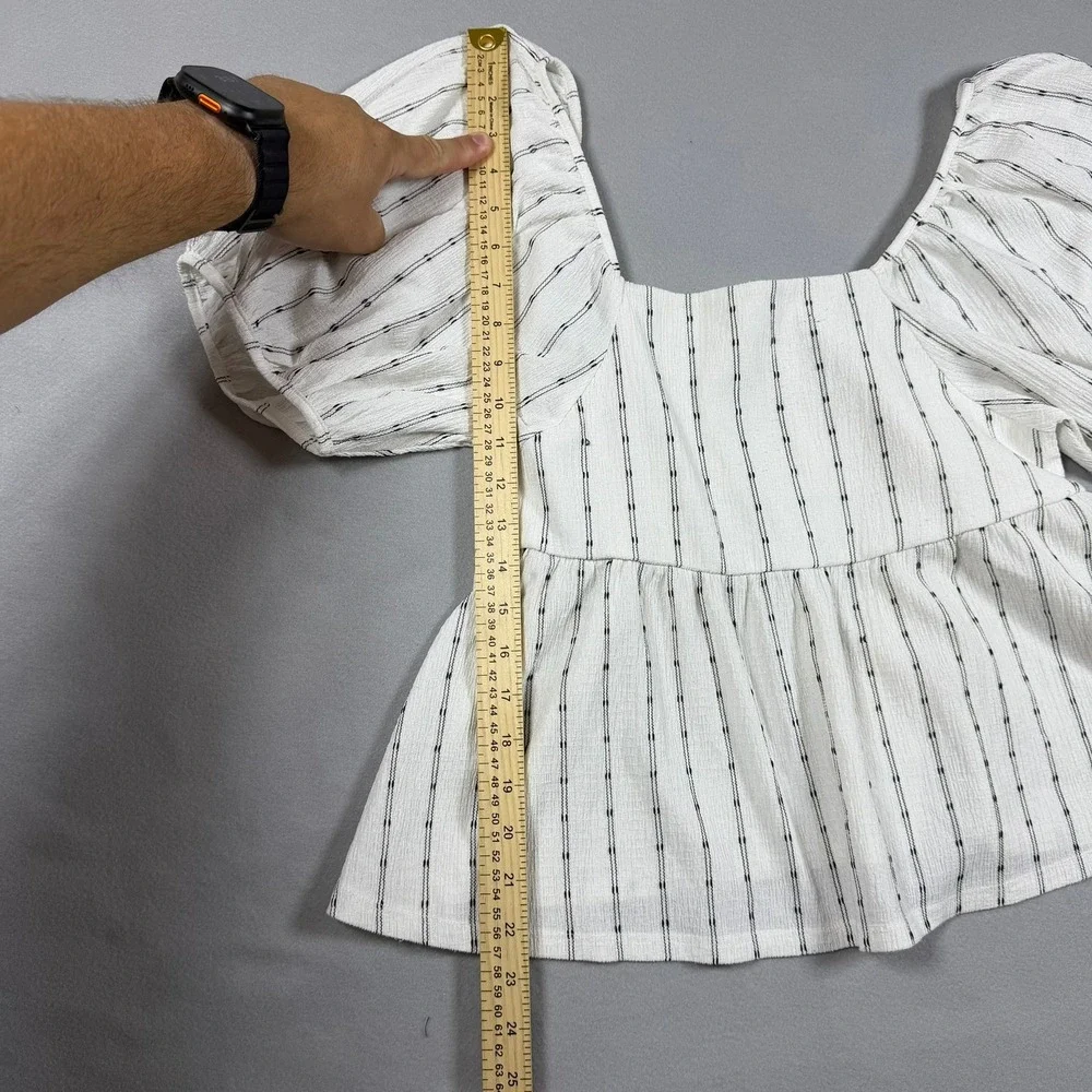 Madewell White Black Striped Puff Sleeve Peplum Top Square Neck Blouse Small